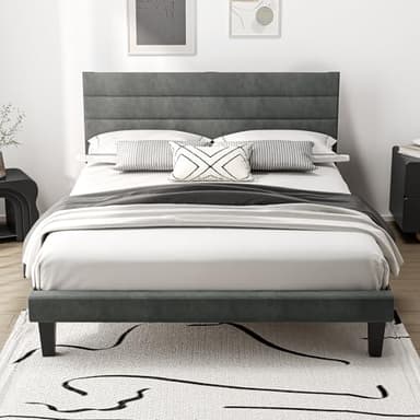 Bonnlo Lit 160x200 avec Sommier, Lit Double, Tête de Lit Tapissier, Montage Facile, en Velours, Gris Clair