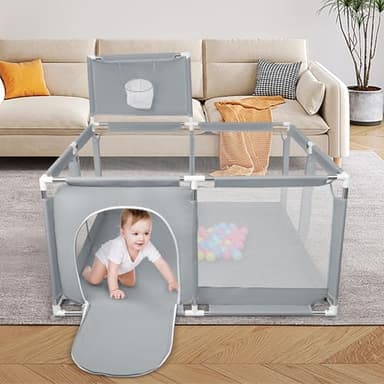 OHMG Parc Bebe, Avec 4 Anneaux Pour Bébé+50 Balles,Parc Bebe Pliable Parc Pour Bébé Grande Avec Filet Respirant Et Fermeture éclair,Intérieur&Extérieur,Basketball Rack (Gris profond-126 * 126 * 66cm)