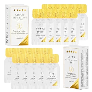 XXL Lashes Lotions rehausseurs et permanente de cils, stratification cils et sourcils, 10x lotions de permanente et 10x fixatrices, en sachets stériles jetables, sans perte de durée de conservation