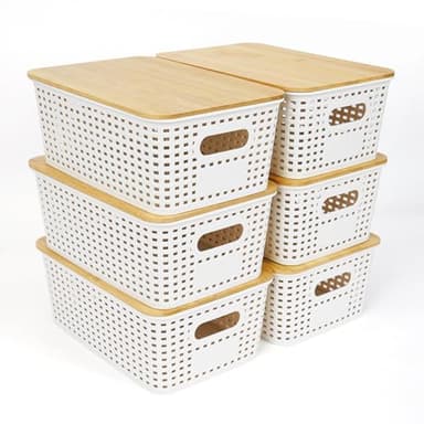UHAPEER Lot de 6 boîtes de rangement empilables avec couvercle en bambou - En plastique - Blanc- 25,6 x 18 x 10,7 cm