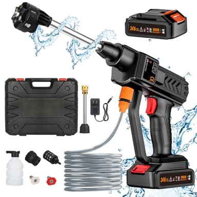 Nettoyeur Haute Pression Buse 6 en 1, 260 PSI Nettoyeur Haute Pression sans Fil avec 2 Batteries, Nettoyeur Haute Pression Batterie avec Tuyau, Pot en Mousse, Adapté pour Nettoyer Les Voitures, Sols