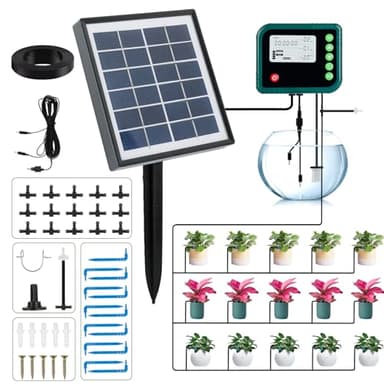 Système D'irrigation Automatique Solaire avec écran LED, Système D'arrosage Goutte-à-Goutte Automatique avec 880 Modes de Minuterie et Tuyau de 15 m, pour Jardin, Balcon et Plantes en Pot D'extérieur