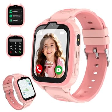 POFIBO Montre Connectée Enfant 4G et Téléphone - Montre GPS Enfant avec Appel d’Urgence SOS, Mode École, Chat Vocal, Réveil et Longue Autonomie, Cadeau Fille/Garçon (Rose)