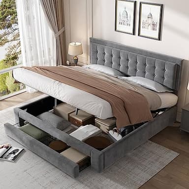 Sweiko Lit Capitonné Double 180 x 200 cm en Bois Avec Coffre de Rangement, Sommier à Lattes, Tête de Lit, Système Hydraulique et 2 Tiroirs - Gris