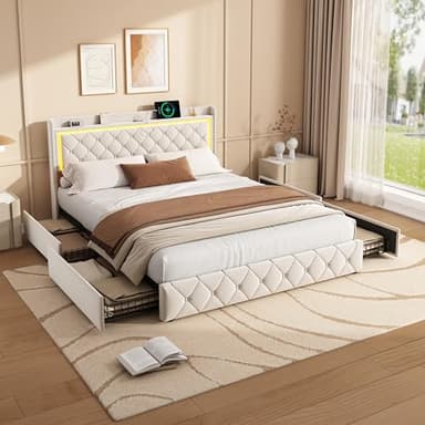 KOOPMAD Lit Double 160x200 avec LED et USB,Cadre de lit avec 4 Tiroirs et sommier à Lattes,Lit Coffre 160x200 avec Tête de lit LED,Lits 2 Personnes pour Adultes,Velours, Beige(sans Matelas)