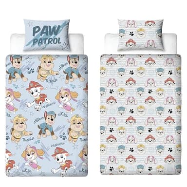 Parure de lit Simple Officielle Paw Patrol | Parure de lit réversible Bleue à Motif esquissé, avec taie d'oreiller Assortie et Personnages Ruben, Chase, Marshall et Skye.