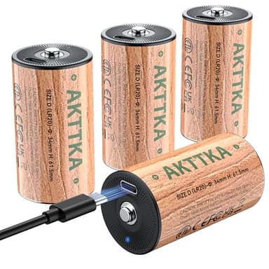 AKTTKA Lot de 4 Piles Rechargeables D/LR20 12950mWh Lithium 1,5V Accu, Type D Baby D LR20 Batterie Grande Capacité avec Câble de Charge de Type C Rechargeable, Faible Auto-décharge Longue Vie