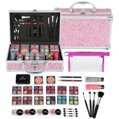 Anpro maquillage pour ado, kit complet de cosmétiques avec pinceaux de maquillage, rouge à lèvres, palette d'ombres à paupières, fard à joues, paillettes en gel rose