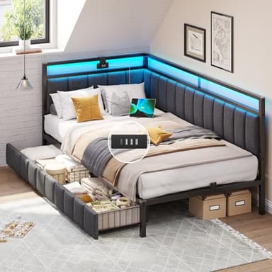 DICTAC Canapé lit 90 x 200 avec éclairage LED et Prise USB,Cadre de Lits 90x200 avec Sommier à Lattes en métal,Lit Banquette Lits Coffre Lit Enfant avec 2 tiroir de Rangement,Gris Foncé-sans Matela