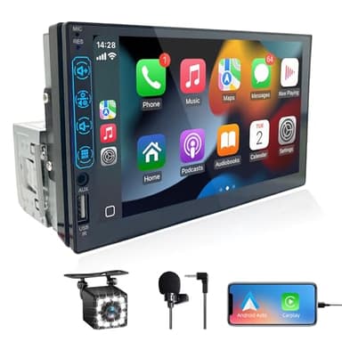 Autoradio 1 DIN avec Carplay et Android Auto - Écran Tactile HD 7 Pouces - Autoradio Bluetooth CarPlay 1 din Soutien MirrorLink iOS/Android et Caméra de Recul, Radio FM/USB/EQ/Mic