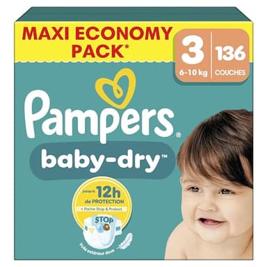 Pampers Baby-Dry Taille 3, 136 Couches, 6kg-10kg, Une Nuit Confortable Jusqu’À 100% Sans Fuites