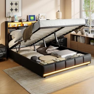 Lit Coffre 160 x 200 cm,avec Éclairage LED et Port USB,Lit Double Rembourré avec Rangement et Tete de lit,pour Adultes et Adolescents,Velours (Noir B, 160 x 200 cm)
