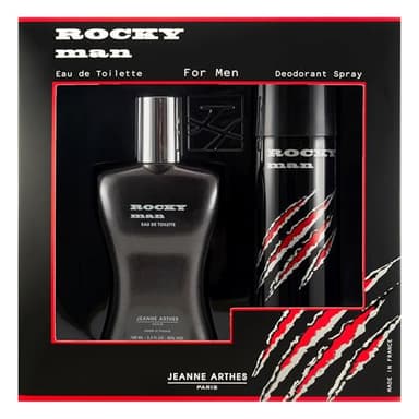 JEANNE ARTHES - Coffret Cadeau pour Homme - Rocky Man - Eau de toilette 100 ml + Déospray 200 ml - Parfum Musc Santal - Fabriqué en France à Grasse