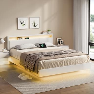 VASAGLE Lit Double, Cadre de Lit, 160 x 200 cm, Cadre Flottant avec Éclairage LED, Tête de Lit Haute, Multiprise, Style Moderne, Blanc Nuage RMB865W01