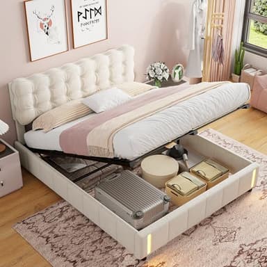 QMTXBYJ Lit Coffre 160x200 cm avec sommier, Lits Double Rembourré 160x200, Lit capitonné avec Rangement et Lumière LED, Cadre de lit avec tête de lit réglable en Hauteur et sommier à Lattes, Velours
