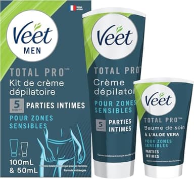 Veet Men - Kit d’Épilation Parties Intimes - Crème Dépilatoire 100ml et Baume de Soin 50ml - Zones Sensibles