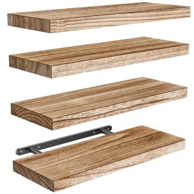 Pipishell Étagères Murales, Etagere Murale de 40 cm, étagères murales en Bois de Paulownia, Ensemble de 4 étagères en Bois pour Salle de Bain, Chambre, Bureau, Salon, Cuisine, etc. (Brun Clair)