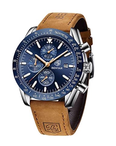 BENYAR Montre Homme Analogique Quartz Chronographe Etanche Lumineux Date Grand Cadran Montres Bracelet en Cuir Marron Classique Mode Affaires Montres Cadeau élégant pour Hommes