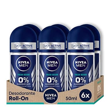 NIVEA MEN Fresh Ocean Deo Roll-On (6 x 50 ml) Déodorant sans aluminium (ACH) avec 48 heures de protection contre les odeurs corporelles, roll-on au parfum rafraîchissant (l'emballage peut varier)