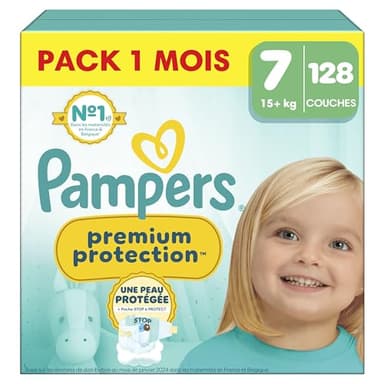 Pampers Premium Protection, Taille 7, 128 Couches, 15kg+, Double Protection pour la peau et contre les fuites Avec Poche Stop & Protect pour aider à capturer les Fuites, Pack 1 Mois