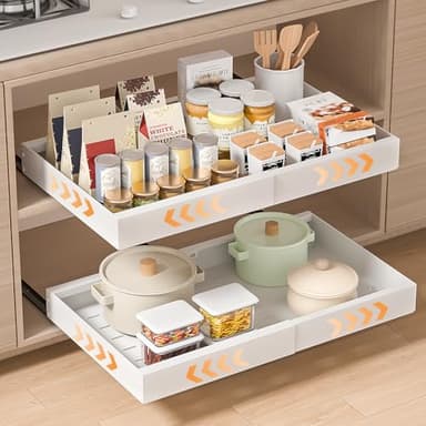 PNNP Lot de 2 Tiroir Coulissant Cuisine Adhesif: Rangement Coulissant Placard Cuisine - Plateau Coulissant à Largeur Réglable (32-53 cm L x 43 cm P x 7 cm H) - Sans perçage | Blanc