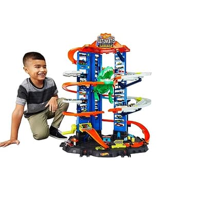 Hot Wheels Ultimate Garage City Vs Robo Beasts avec Piste De Course À Plusieurs Niveaux, Dinosaure T-Rex Mobile De 91 Cm, Comprend 2 Voitures, Jouet pour Enfant de 5 Ans et Plus, GJL14