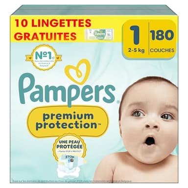 Pampers Premium Protection Taille 1, 180 Couches + 10 Lingettes Harmonie Aqua, 2-5kg, Double Protection pour la peau et contre les fuites