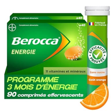 Berocca Energie Orange - Multivitamines et Minéraux - Vitamine C, B3, B5, B1, B12, Calcium, Magnésium et Zinc - Complément alimentaire - Aide à réduire la fatigue - 2x45 comprimés effervescents