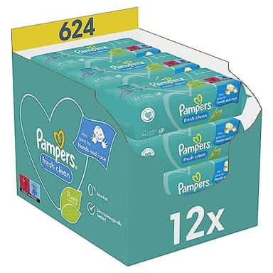 Pampers Lingettes Bébé Fresh Clean, 624 Lingettes (Lot de 12 x 52), Sans Alcool, Parfum Rafraichissant, Aussi Pour Les Mains Et Le Visage, Testées Dermatologiquement