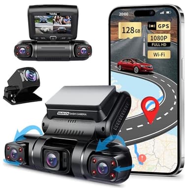 Yabdbg Dashcam Quad 4x1080P Avant,Gauche,Droite et Arrière Caméra Embarquée Voiture,GPS WiFi 24H Mode Parking,Vision Nocturne IR Dash Cam Voiture,150 ° Angle WDR 3 Pouces TFT G-Senseur Gratuit 128GB