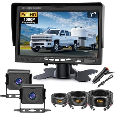 Kairiyard Double Caméra de Recul avec écran Moniteur LCD 7 Pouces & 2 Caméra Avant et Arrière, IP68 étanche, 5m/10m/15m Câble Aviation pour Camion/Remorque/Bus/Camping Car 12V