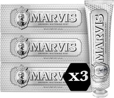 Marvis Lot de 3 dentifrices blanchissants pour fumeurs, Menthe, 3 x 85 ml, Favorise le blanchiment naturel des dents, Dentifrice anti-plaque dentaire