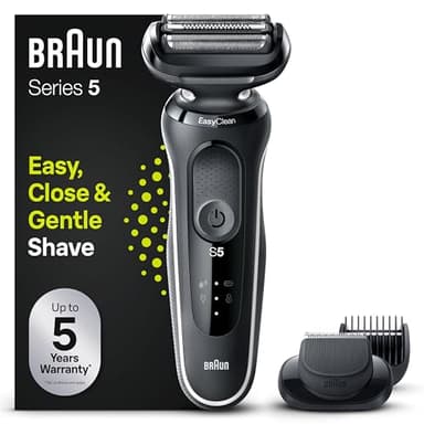 Braun Series 5 51-W1500s Rasoir Électrique Homme, Même Pour Barbes Dures, 3 Lames S’Adaptant Aux Contours Du Visage, Tondeuse EasyClick & EasyClean, Étanche Avec Grille Sans Fil, Blanc