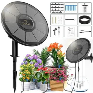 TRJZWA Kit Arrosage Goutte à Goutte Énergie Solaire, 2200mAh Arrosage Automatique Systeme, Programmateur Arrosage Solaire Exterieur pour Pot Fleur avec 15M Tuyau Arrosage et Détection Du Niveau D'eau