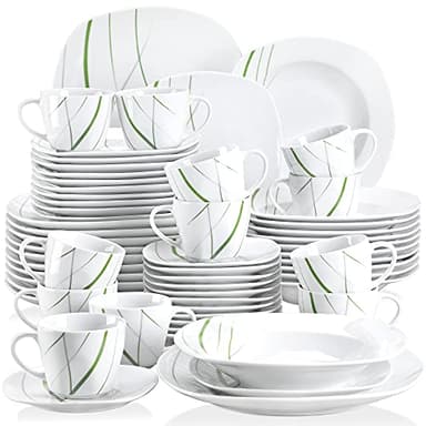 VEWEET AVIVA 60pcs Service de Table Pocelaine 12 Assiettes Plates 24,7cm, 12 Assiette Creuse 21,5cm, 12 Assiette à Dessert 19cm, 12 Bols à Céréales 17cm Vaisselles,12 Tasses pour 12 Personnes