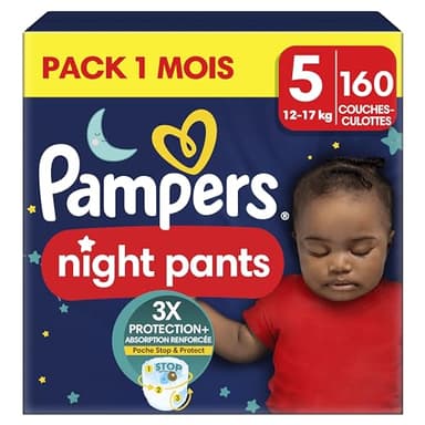 Pampers Night Pants, Taille 5, 160 Couches-Culottes, 12-17kg, Maintien 360° Contre Les Fuites Avec Un Cœur Super Absorbant Pour Une Protection Renforcée Toute La Nuit, Pack 1 Mois