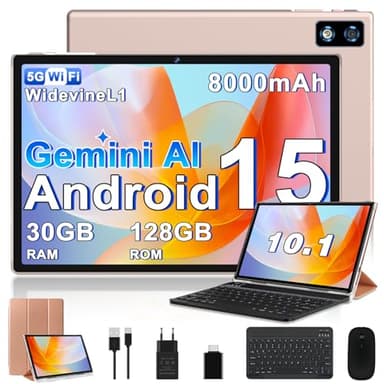 2026 Dernière Tablette 10 Pouces Android 15, 30Go RAM + 128Go ROM(TF 2To), Avec 5G WiFi Octa-Core 2.0GHz, 8000mAh, GPS, Gemini AI tablette, Widevine L1, Tablette Tactile avec Clavier+Souris (Or )