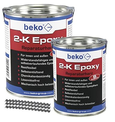 beko 23811000 2-K Epoxy Reparaturharz 1 kg, INKL. 10 x Estrichklammern Résine de réparation Pinces à Chape, Gris béton