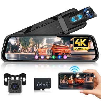 Hodozzy 4K+1080P Rétroviseur Dash Cam Vision Nocturne Dashcam Voiture Rétroviseur Avant Arrière, WiFi et App Rétroviseur avec Enregistrement en Boucle Mode Parking ADAS BSD LCA G-Capteur, Carte 64G