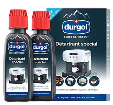 durgol swiss espresso – Détartrant spécial anti-calcaire pour tous types de machines à café – Enlève le calcaire efficacement – Version française – 2 x 125 ml