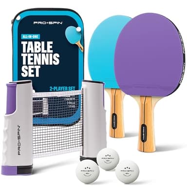PRO-SPIN Set de Raquettes de Ping-Pong Portable | Kit de Qualité avec Filet Ping Pong pour Table, Raquettes Tennis de Table Hautes Performances, Balles de 3-Étoiles (Set 2 Joueurs, Violette/Bleu)