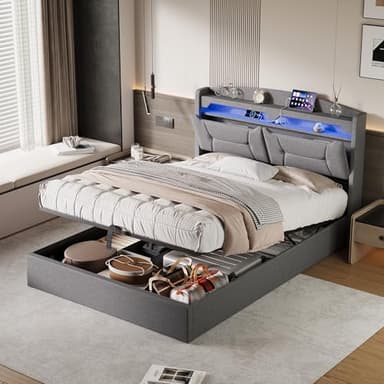 QMTXBYJ lit Coffre 140x190 avec Éclairage LED et Port USB,lit Hydraulique avec Étagères Ouvertes et Rangement Caché en Tête de Lit Capitonné,Lits 2 Personnes avec 2 tiroirs et sommier à Lattes,Lin