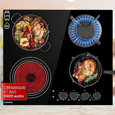 Klarstein Plaque de Cuisson Mixte 4 Feux, Vitrocéramique et Gaz, Acier Inoxydable, 6.4kW