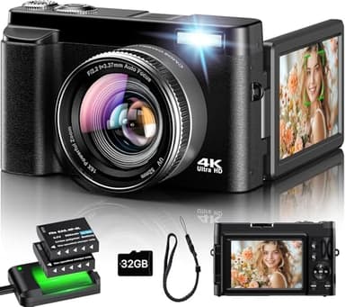 Appareil Photo Numérique 4K, Appareil Photo Compact 48MP 16X Digital Zoom à Écran Rabattable à 180° Avec Autofocus, Flash, Station de Charge, 2 Batteries, Carte 32 GB pour Débutants, Enfants, Vlogging