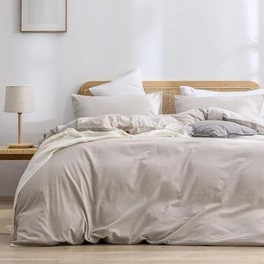 Gezu Housse de Couette 240x260cm Beige Coton Lin Couleur Parure de Lit 240x260 Certifié Oeko-TEX Parure de Lit Adulte Respirant Housse Couette Coton avec Fermeture Éclair et 2 Taie d'oreiller 65x65cm
