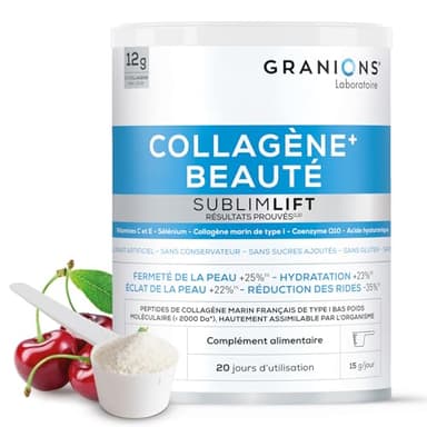 COLLAGENE MARIN Beauté Sublimlift - GRANIONS Collagène N°1 en Pharmacies - 12 g de Collagene Par Jour - Collagene Marin Acide Hyaluronique - Saveur Cerise - Collagene Poudre 300 mg - 1 mois