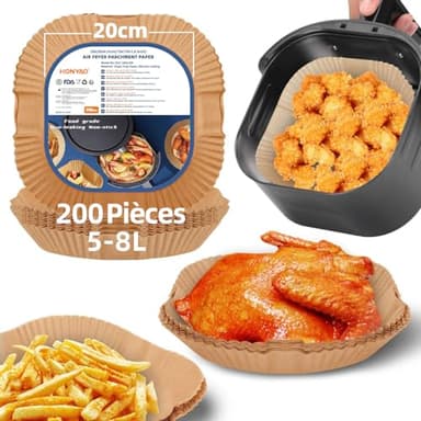 HONYAO Papier Cuisson Air Fryer 200 Pièces, 20x20 cm XXL Carré Paper Sulfurisé pour Friteuse a Air 5-8 L, Airfryer Parchemin Accessoires compatible avec Cosori Philips Cecotec Friteuse Sans Huileile
