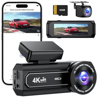 Penemay Dashcam Voiture Avant Arrière, 4K+1080P Camera Voiture, Carte SD 64G, 2,99'' IPS WiFi Caméra Embarquée Voiture avec Vision Nocturne, WDR, Grand Angle 170°, G-Capteur (B-T006)