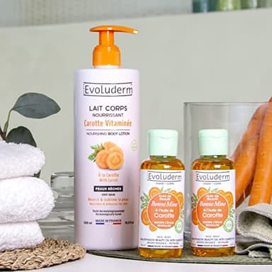 Evoluderm - Trio Éclat Naturel Carotte- 1x Lait Corps Nourrissant Vitaminée 500 ml + 2x Huile de Beauté Bonne Mine à l’Huile de Carotte 100 ml- Fabrication Française