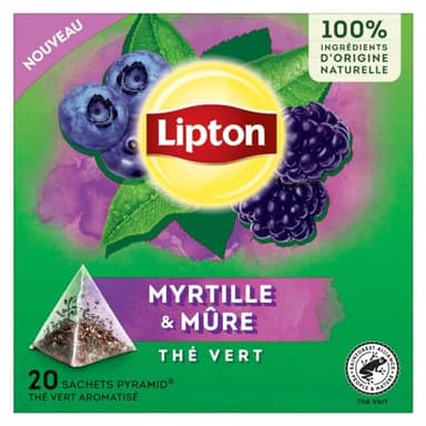 Lipton, Thé Vert, Thé Vert Aromatisé, Infusion à Froid ou Chaud, Goût Myrtille & Mure, Bien Etre, Ingrédients d'Origine 100% Naturelle, 20 Sachets Pyramid